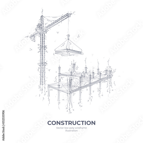 3d high tower crane holding slab. Isolated construction equipment in white background. Vector sketch drawing. Building construction concept. Abstract low poly wireframe