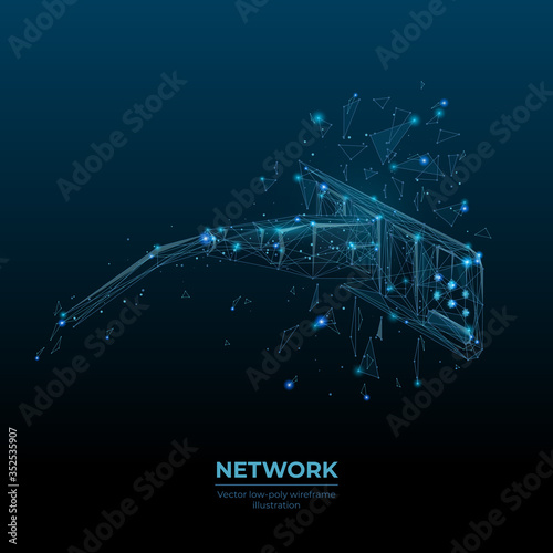 Low poly 3d ethernet cable connected in network switch in dark blue. Internet connection, global network information technology concept. Abstract vector illustration with lines, dots and particles