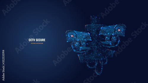 Abstract 3d illustration of two CCTV security cameras. Surveillance technology, safety, smart home or traffic monitoring concept in blue. Low poly vector image with dots, lines and glowing particles