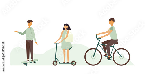 vector illustration. The illustration shows a girl and two men. a girl rides a scooter in a light dress, a man rides a bicycle in a T-shirt, and the second guy rides a skateboard in a sweater.