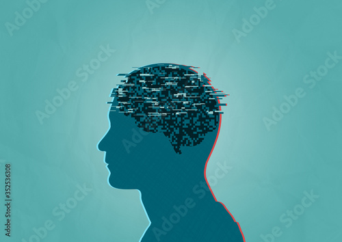 Foto An androgynous unisex human head with messy glitch effect element representing m