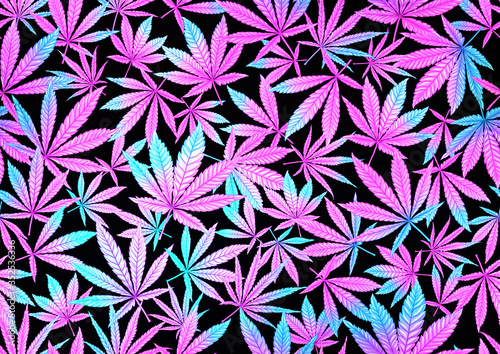Cannabis leaves seamless pattern, background. Vector illustration in neon, fluorescent colors. Isolated on black background.