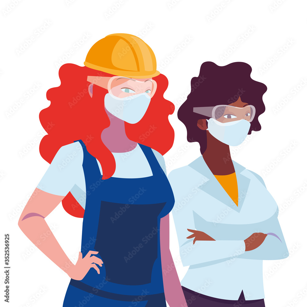 industrial women workers with face masks industrial women workers with face masks