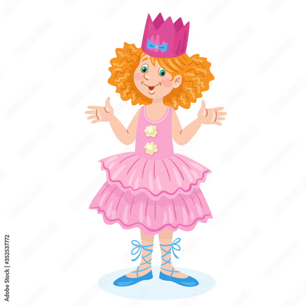 Little cute girl in a Princess costume. For a school party. In cartoon style. Vector flat illustration. Little cute girl in a Princess costume. For a school party. In cartoon style. Vector flat illustration.