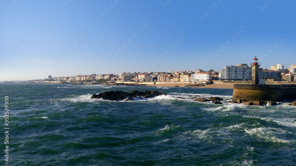 Ocean view with waves in Porto. Portugal.