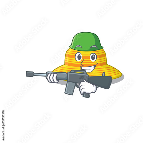 A cartoon picture of Army summer hat holding machine gun