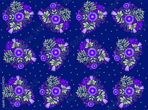 Colorful floral natural ornamental repeating pattern with navy blue backgrount with green dots. Flowers, twigs, cranes and berries in a cyrcle pattern. Beautiful flover vector for fabric print
 photo