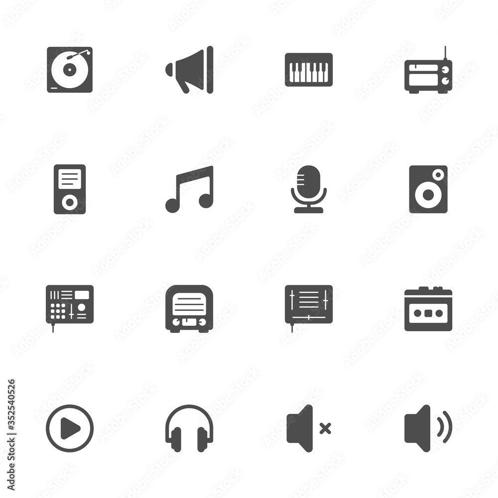 Music equipment flat icons in gray Music equipment flat icons in gray