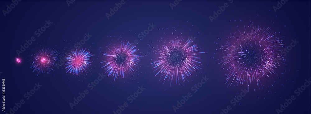 vector set of different stages of a firework explosion on a dark purple background