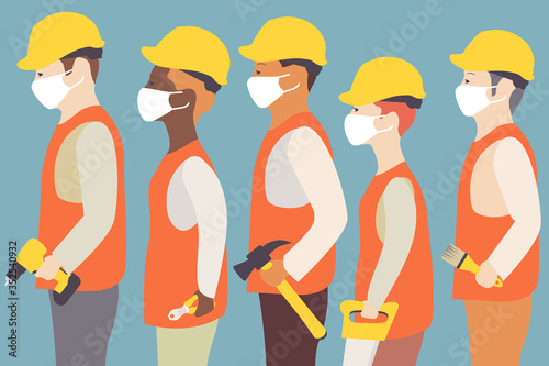 Construction workers in white medical mask during coronavirus COVID-19 pandemic. Workers with various building tools.