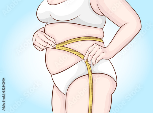 An overweight woman makes a stomach measurement. Waist measurements. Overweight, diet.