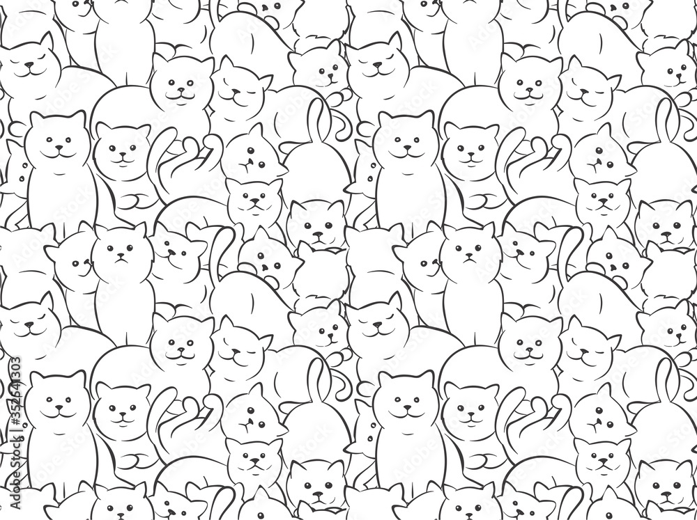 Seamless pattern of funny cats / Vector illustration for coloring book, rectangle background, graphic style