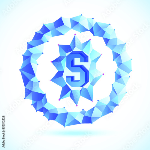 Polygonal letter symbol in the distort shape circle. Blue color gamma and sharp corner edges