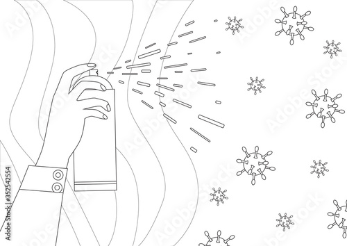 Hand and spray for sterilizing and eliminating bacteria and virus, outline vector stock illustration with disinfection as a coloring page