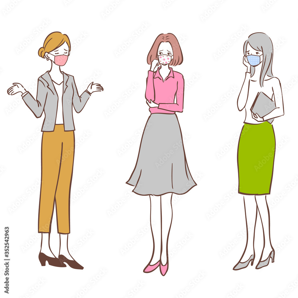 手作りマスクをしている社会人女性 困り顔 イラスト 手作りマスクをしている社会人女性 困り顔 イラスト