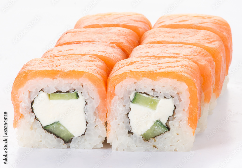 Tasty fresh sushi rolls isolated on white background. Japanese cousine, asian food. Seafood, fish, rice Tasty fresh sushi rolls isolated on white background. Japanese cousine, asian food. Seafood, fish, rice
