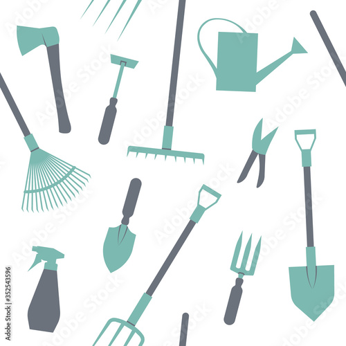 Gardening tools seamless pattern. Repetitive vector illustration on transparent background. Trowel, shovel, rake, pitchfork, pruning shears, watering can.