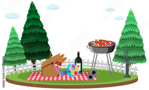 Scene with BBQ grill and food basket in the garden