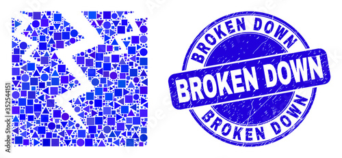 Geometric crack mosaic icon and Broken Down seal stamp. Blue vector round textured seal stamp with Broken Down message. Abstract mosaic of crack made of round, triangles, square geometric items.