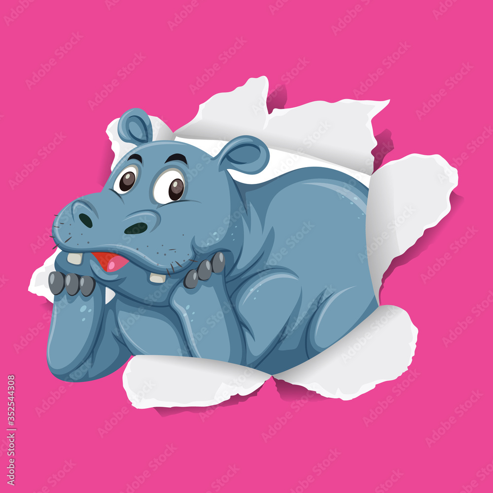 Fototapeta premium Background template design with wild hippo on pink paper