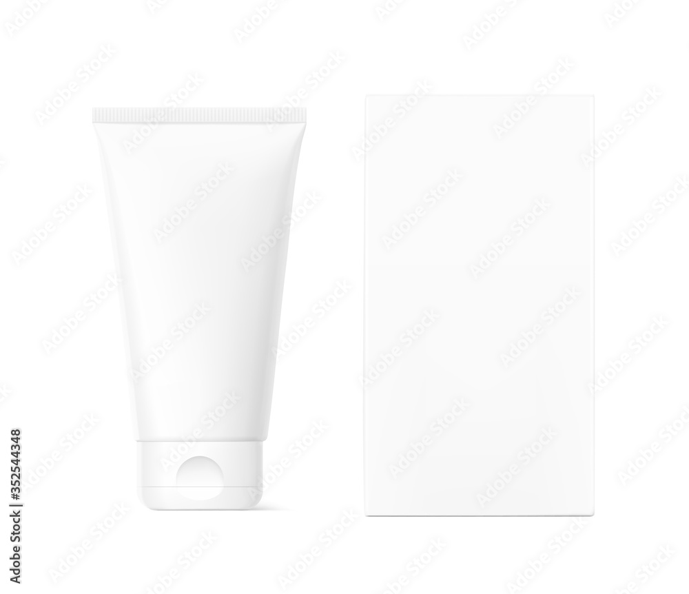 Blank plastic tube for cosmetics with cardboard box mockup. Front view. Vector illustration isolated on white background. Can be use for your design, advertising, promo and etc. EPS10. Blank plastic tube for cosmetics with cardboard box mockup. Front view. Vector illustration isolated on white background. Can be use for your design, advertising, promo and etc. EPS10.