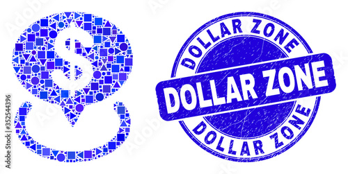Geometric dollar placement mosaic icon and Dollar Zone seal stamp. Blue vector rounded textured seal stamp with Dollar Zone phrase. Abstract concept of dollar placement made of spheric, triangles,