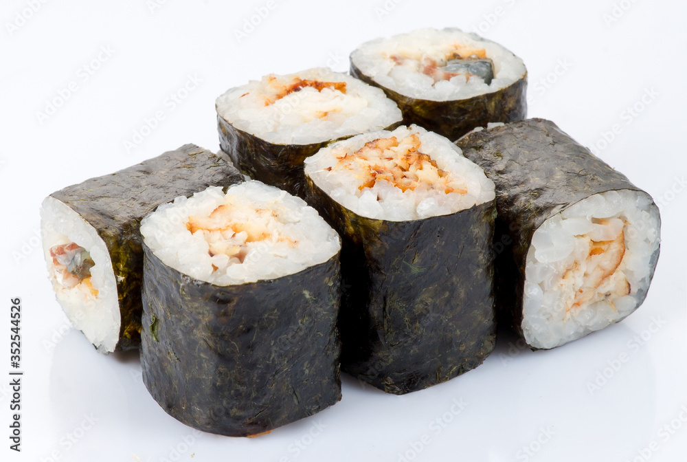 Tasty fresh sushi rolls isolated on white background. Japanese cousine, asian food. Seafood, fish, rice Tasty fresh sushi rolls isolated on white background. Japanese cousine, asian food. Seafood, fish, rice