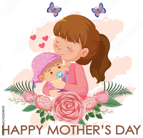 Template design for happy mother's day with mom and baby
