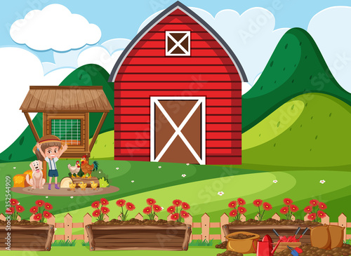 Farm scene with little girl feeding chickens on the farm