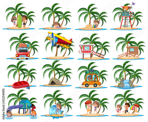 Group of vacation activities on the tropical island cartoon character on white background