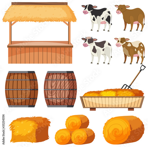 Set of farm animals and hay on white background