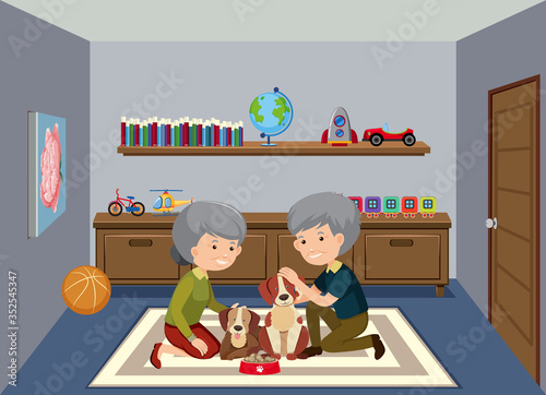 Background scene with old couple staying at home