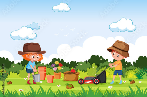 Background scene with kids planting in the park
