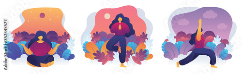 Woman meditating in nature and leaves. Concept illustration for yoga, meditation, relax, recreation, healthy lifestyle. Vector illustration in flat cartoon style in many situation daytime sunset night