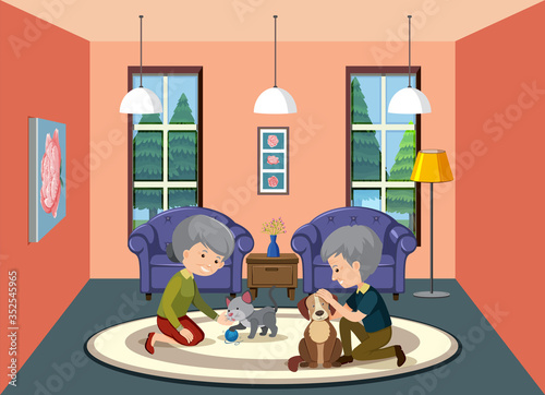 Background scene with old couple staying at home