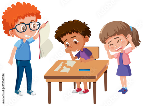 Domestic violence with kid bullying the others on white background