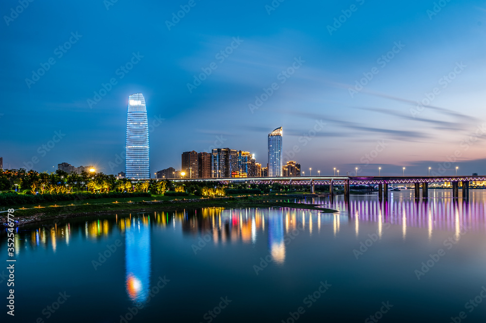 Night view of modern city, Wuhan, China