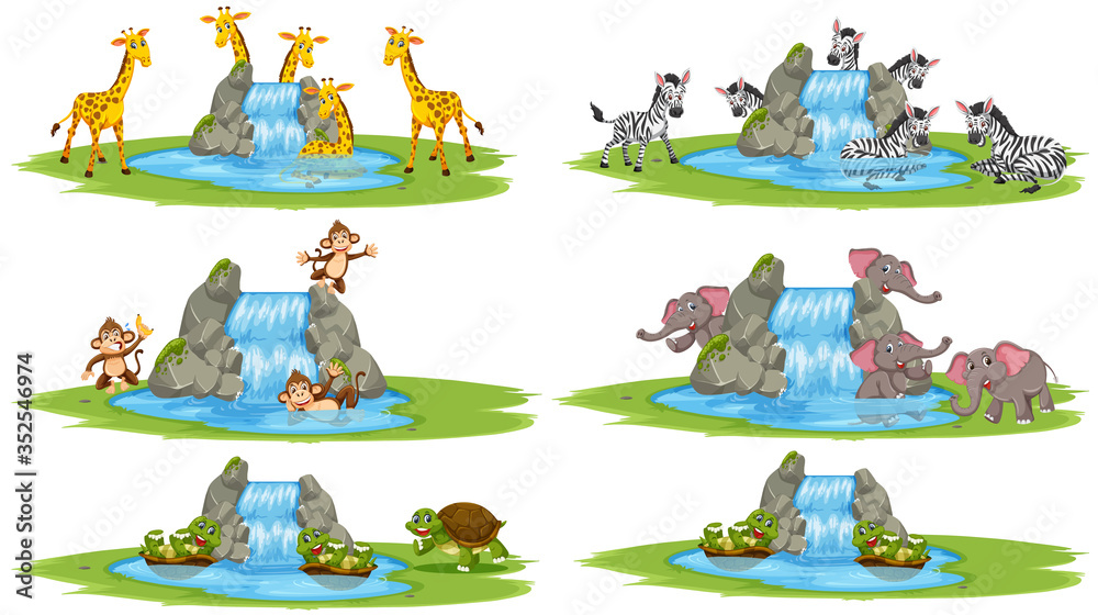 Fototapeta premium Group of wild animals and small waterfall cartoon character on white background