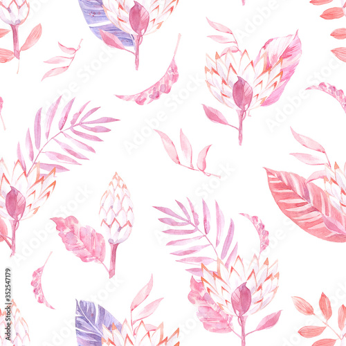 Watercolor seamless pattern with palm leaves and exotic leaves and flowers.