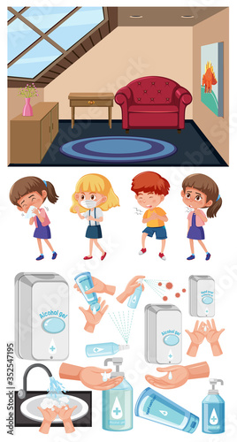 Background scene with clean room and set of sick children