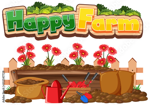 Font design for happy farm with flowers and gardening tools