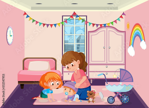 Scene with mom and children in the pink room
