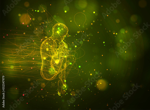 vector 3d girl from dots and splines, among wavy threads and circles on yellow green background