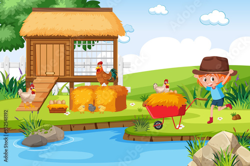 Farm scene with girl and chickens by the river
