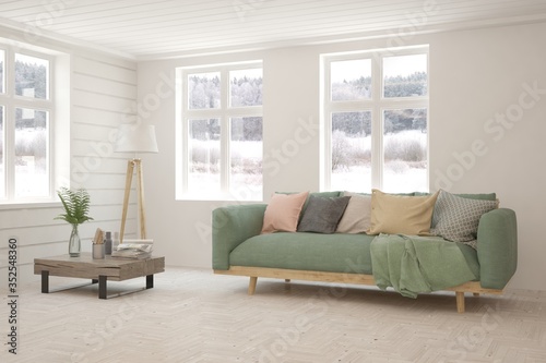 Wallpaper Mural White living room with sofa and winter landscape in window. Scandinavian interior design. 3D illustration Torontodigital.ca