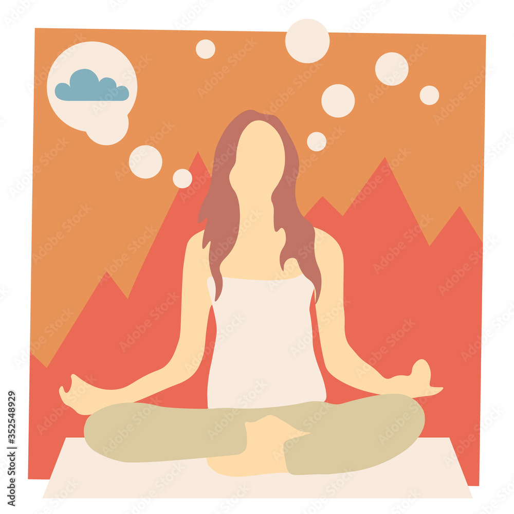 Meditating woman with calm though bubbles. Concept of meditation exercise, spiritual practice, calmness. Vector illustration. 