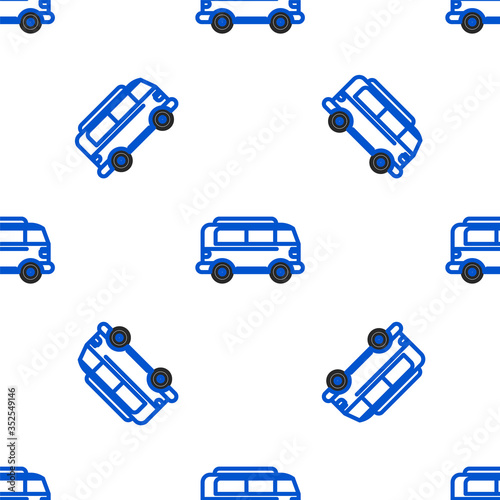 Line Retro minivan icon isolated seamless pattern on white background. Old retro classic traveling van. Colorful outline concept. Vector.