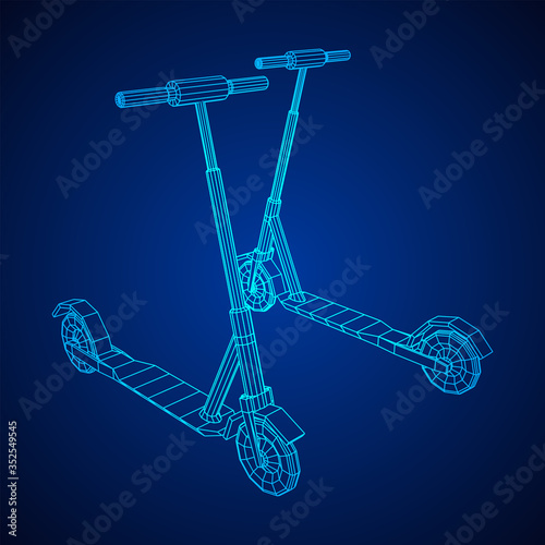 Roller scooter balance kick push bike. Eco alternative city transport. Wireframe low poly mesh vector illustration.