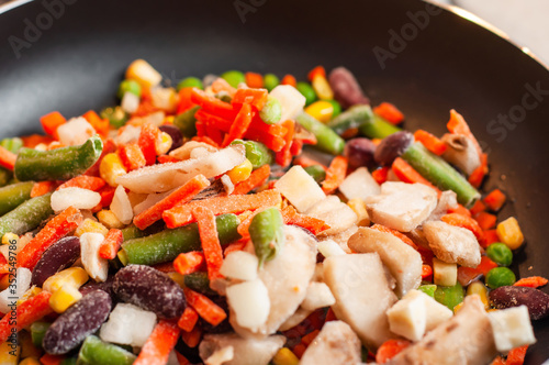 A versatile and affordable instant mix of frozen beans, asparagus, mushrooms, corn, carrots and peas in a pan