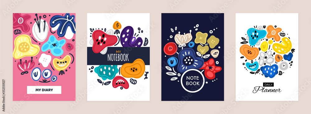 Set of cover templates with abstract flowers. Colorful artistic backgrounds with floral decorations. Designs is for notebook, planner, diary, poster, card. Size A4. Vector illustration, eps10